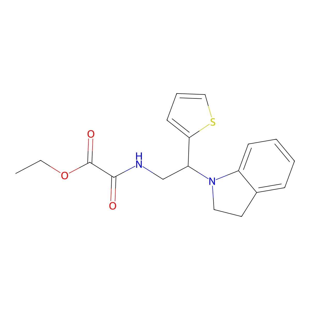 Ethyl 2-((2-(indolin-1-yl)-2-(thiophen-2-yl)ethyl)amino)-2-oxoacetate molecular structure, CAS 1206993-58-9