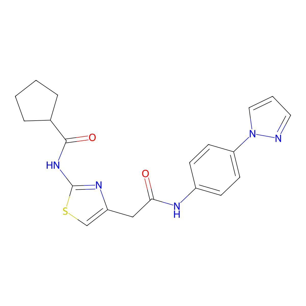 N-(4-(2-((4-(1H-pyrazol-1-yl)phenyl)amino)-2-oxoethyl)thiazol-2-yl)cyclopentanecarboxamide molecular structure, CAS 1206993-74-9