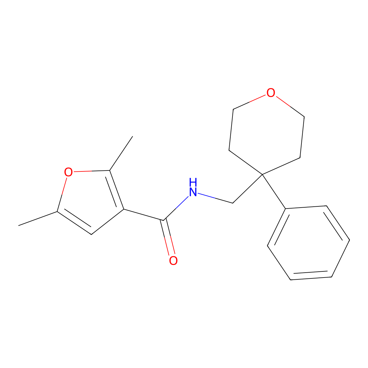 2,5-dimethyl-N-[(4-phenyloxan-4-yl)methyl]furan-3-carboxamide molecular structure, CAS 1206993-94-3