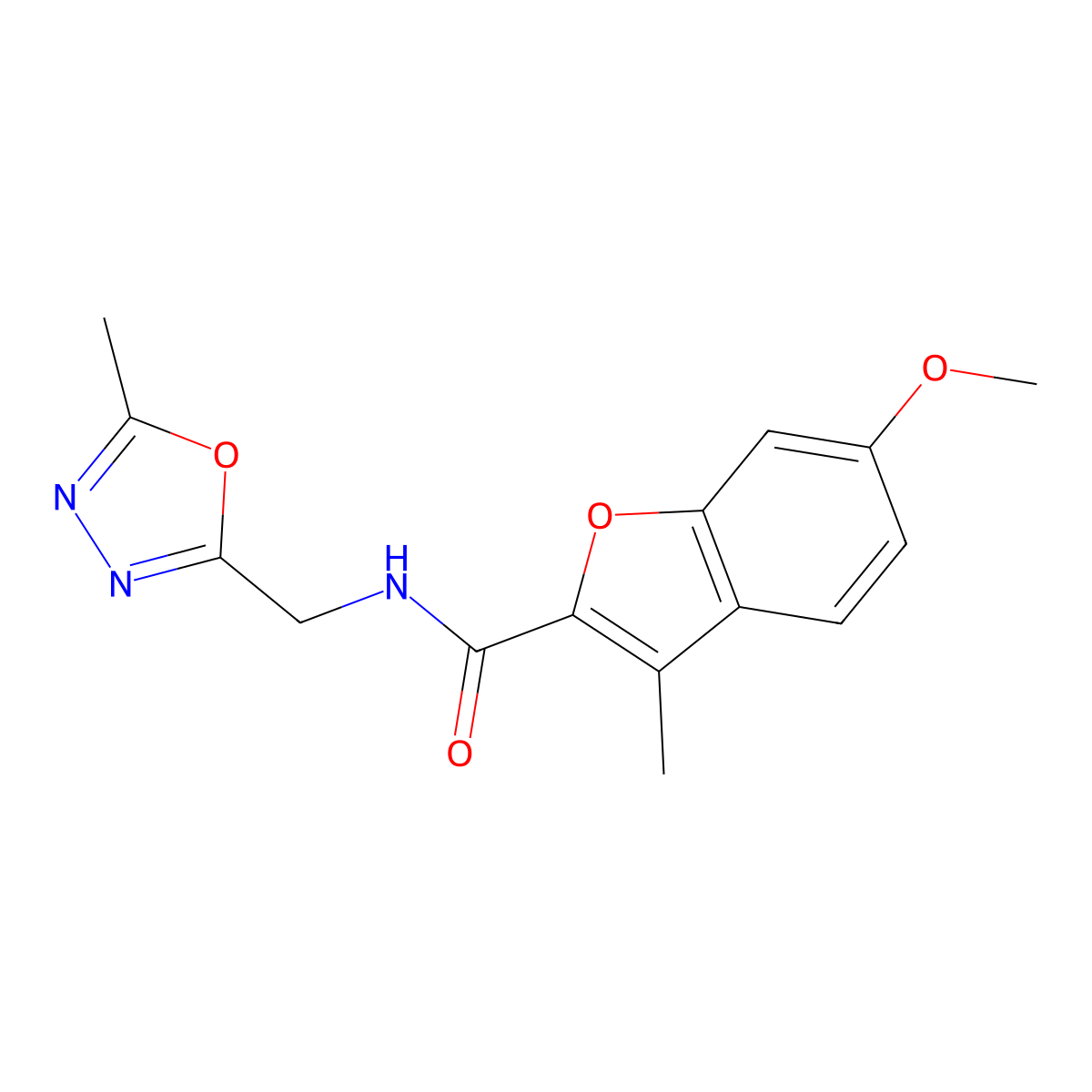 6-methoxy-3-methyl-N-((5-methyl-1,3,4-oxadiazol-2-yl)methyl)benzofuran-2-carboxamide molecular structure, CAS 1206994-08-2