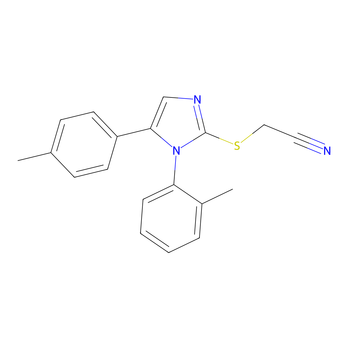 2-((1-(o-tolyl)-5-(p-tolyl)-1H-imidazol-2-yl)thio)acetonitrile molecular structure, CAS 1206994-14-0