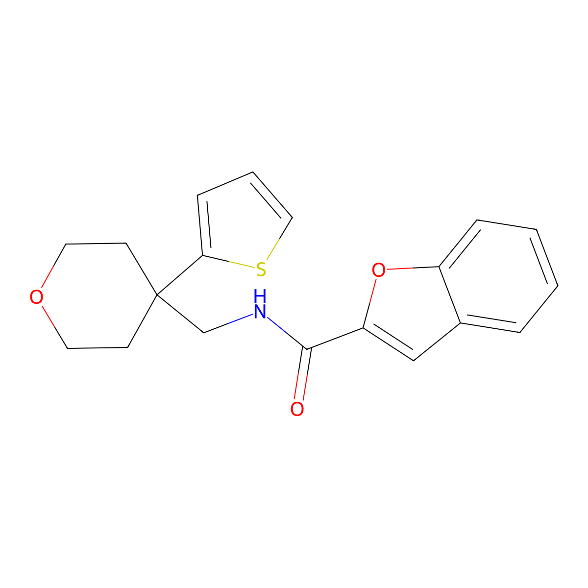 N-((4-(thiophen-2-yl)tetrahydro-2H-pyran-4-yl)methyl)benzofuran-2-carboxamide molecular structure, CAS 1206994-15-1