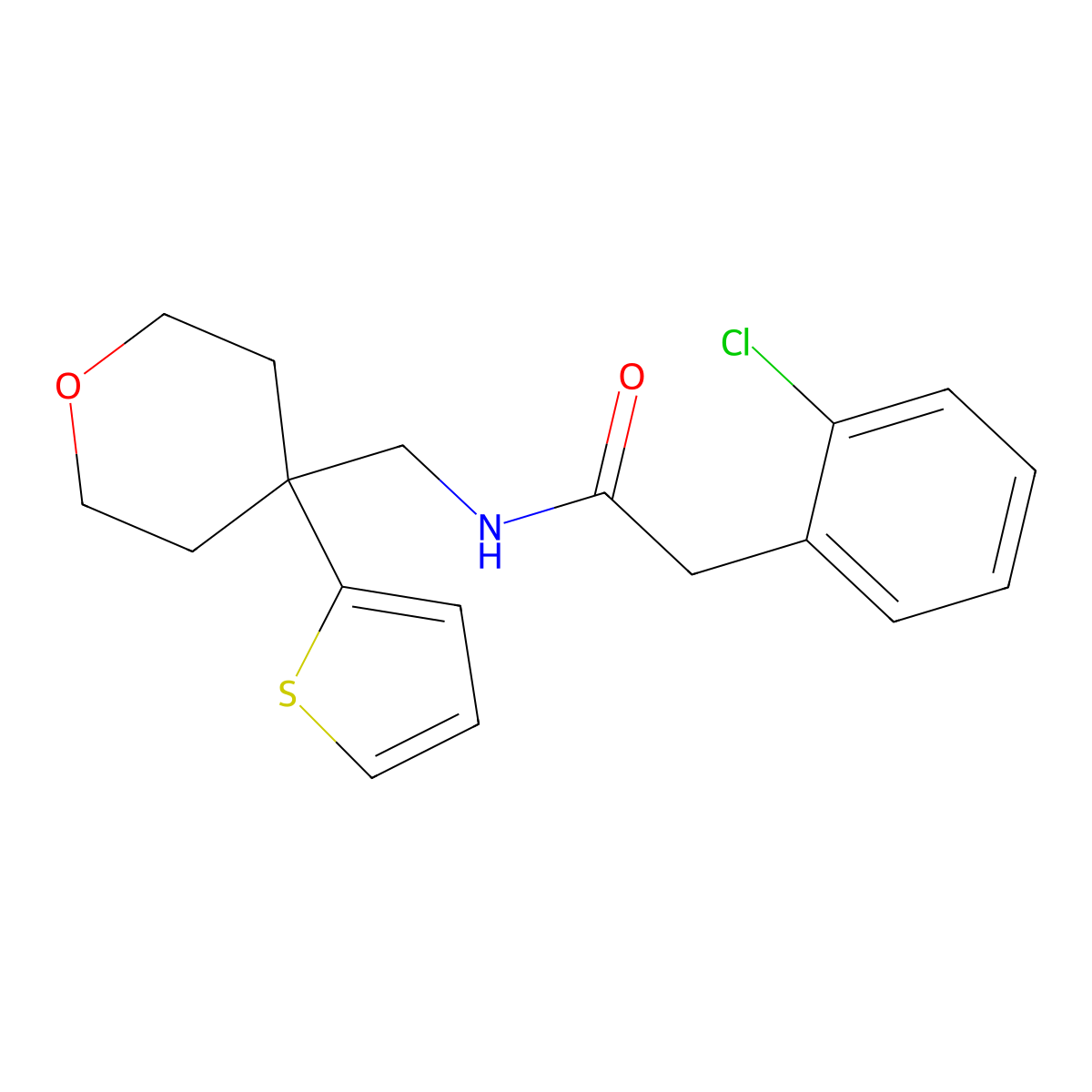 2-(2-chlorophenyl)-N-((4-(thiophen-2-yl)tetrahydro-2H-pyran-4-yl)methyl)acetamide molecular structure, CAS 1206994-20-8