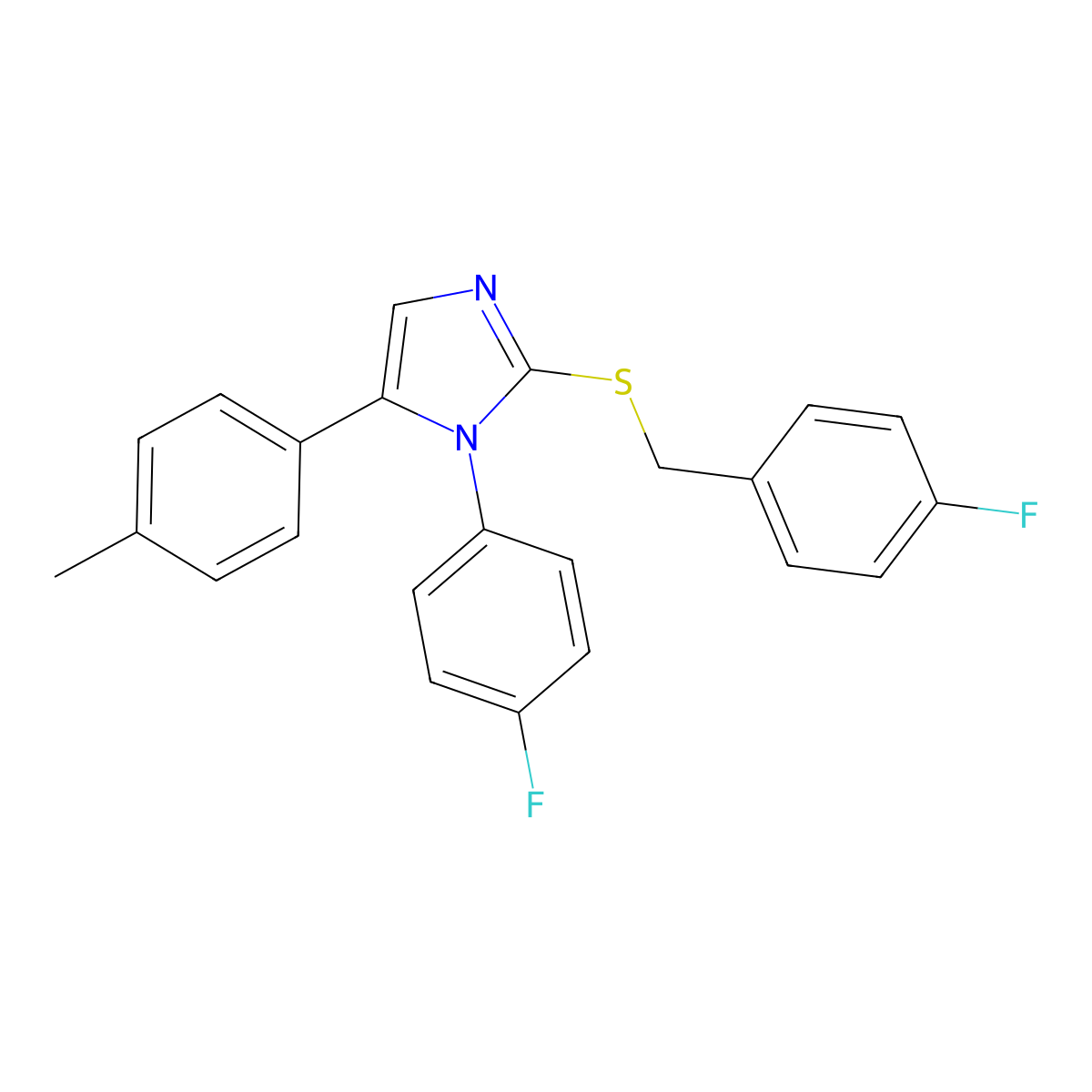 2-((4-fluorobenzyl)thio)-1-(4-fluorophenyl)-5-(p-tolyl)-1H-imidazole molecular structure, CAS 1206994-60-6