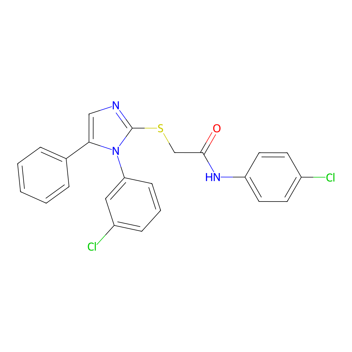 N-(4-chlorophenyl)-2-((1-(3-chlorophenyl)-5-phenyl-1H-imidazol-2-yl)thio)acetamide molecular structure, CAS 1206994-78-6