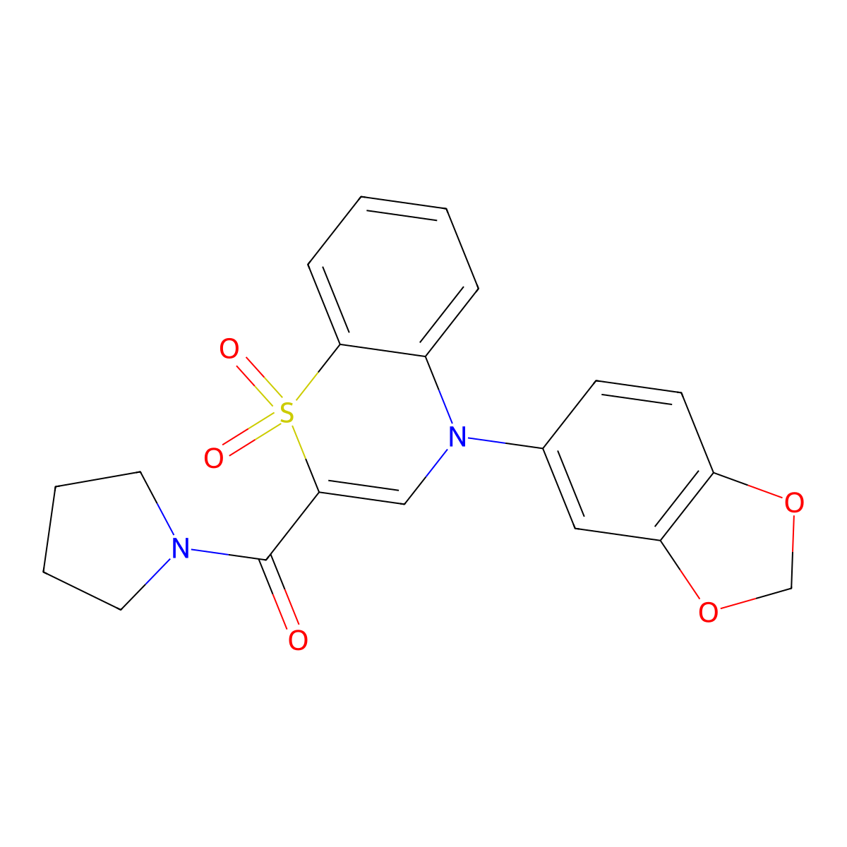 [4-(1,3-benzodioxol-5-yl)-1,1-dioxido-4H-1,4-benzothiazin-2-yl](pyrrolidin-1-yl)methanone molecular structure, CAS 1206995-02-9
