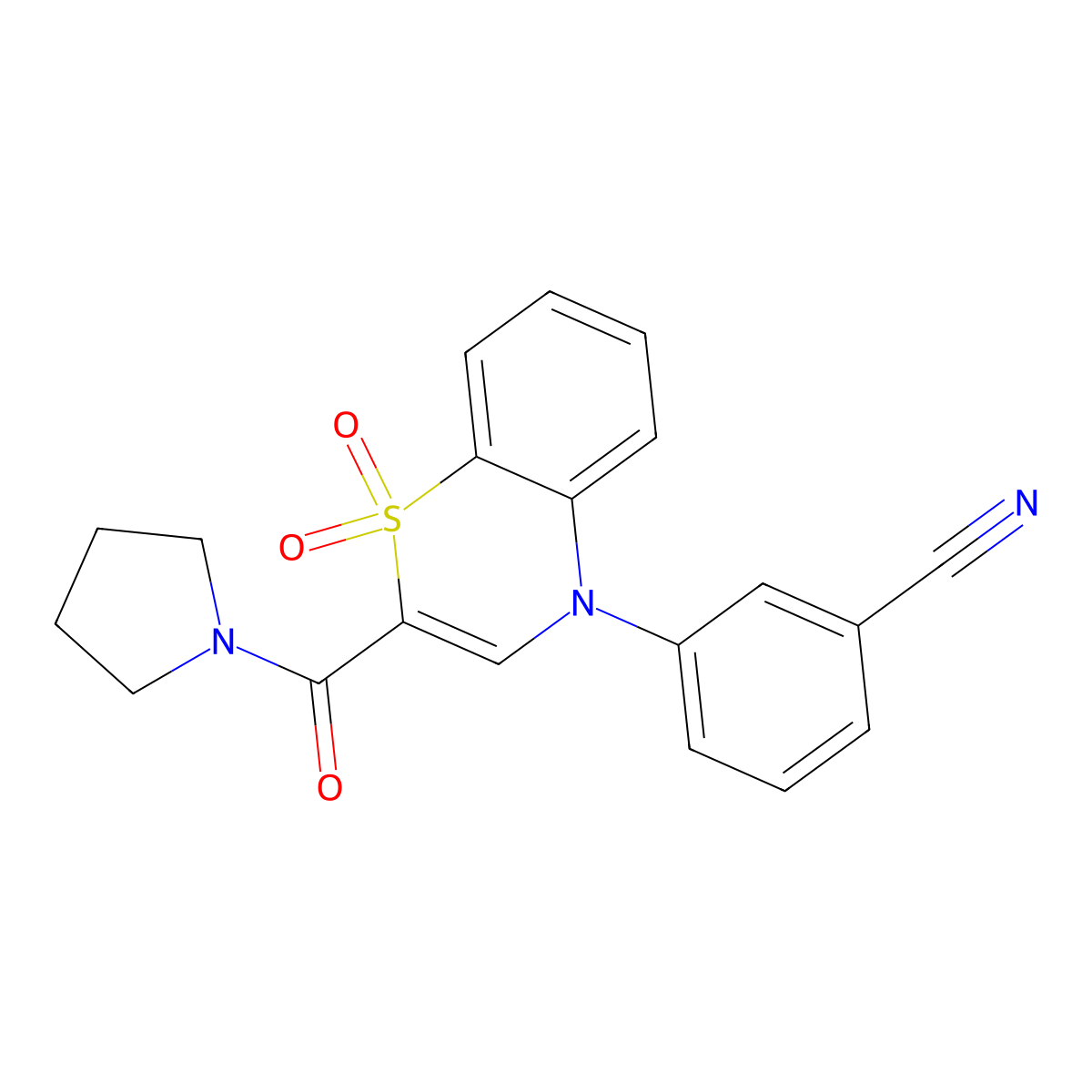 3-[1,1-dioxido-2-(pyrrolidin-1-ylcarbonyl)-4H-1,4-benzothiazin-4-yl]benzonitrile molecular structure, CAS 1206995-05-2