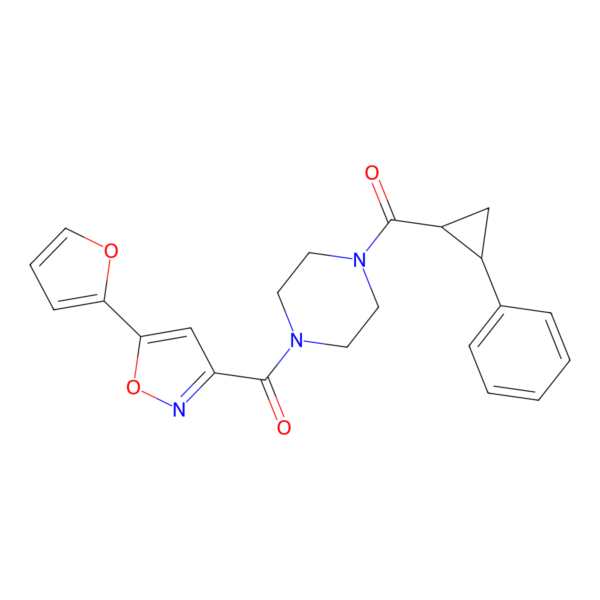 (5-(Furan-2-yl)isoxazol-3-yl)(4-(2-phenylcyclopropanecarbonyl)piperazin-1-yl)methanone molecular structure, CAS 1206995-39-2