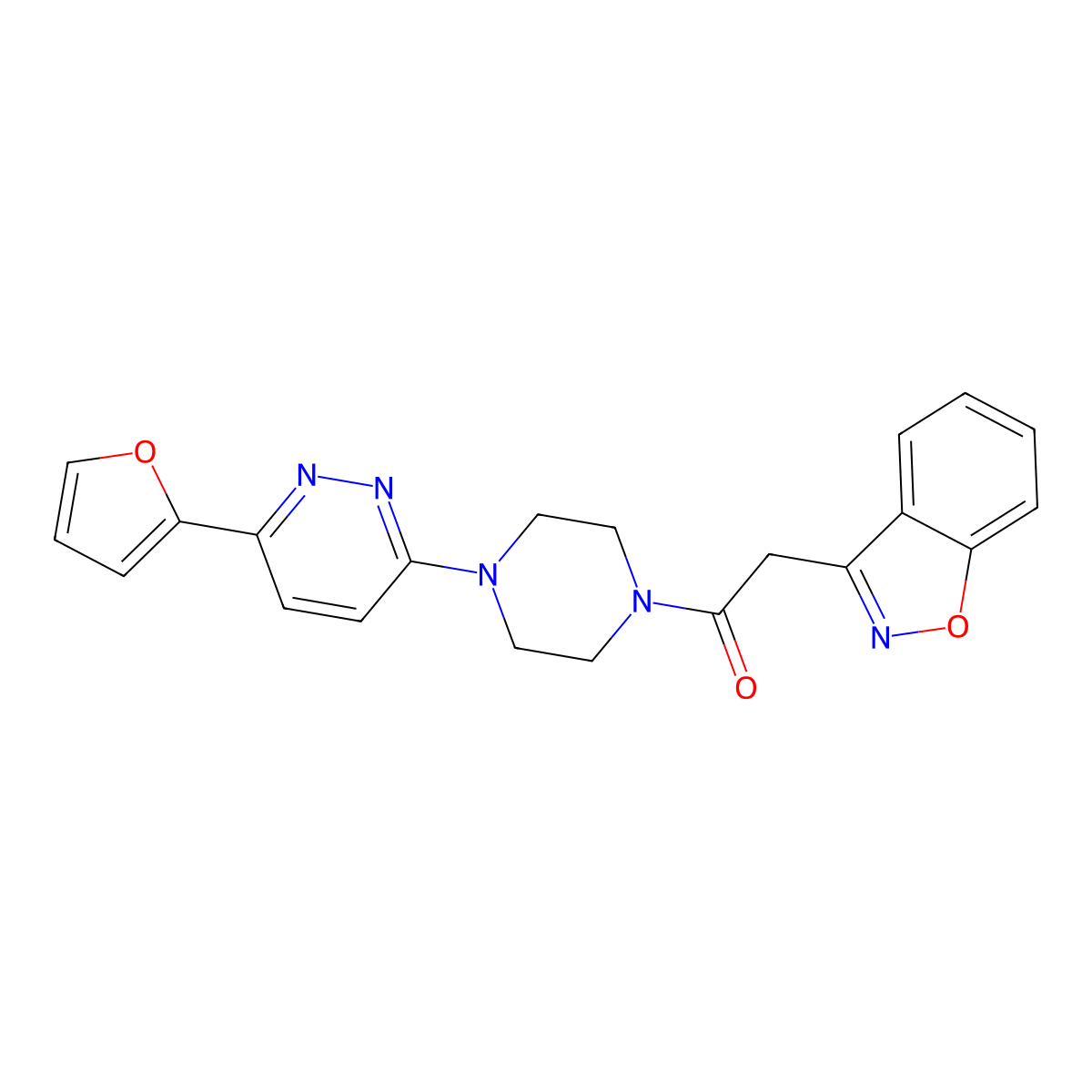 2-(Benzo[d]isoxazol-3-yl)-1-(4-(6-(furan-2-yl)pyridazin-3-yl)piperazin-1-yl)ethanone molecular structure, CAS 1206995-42-7