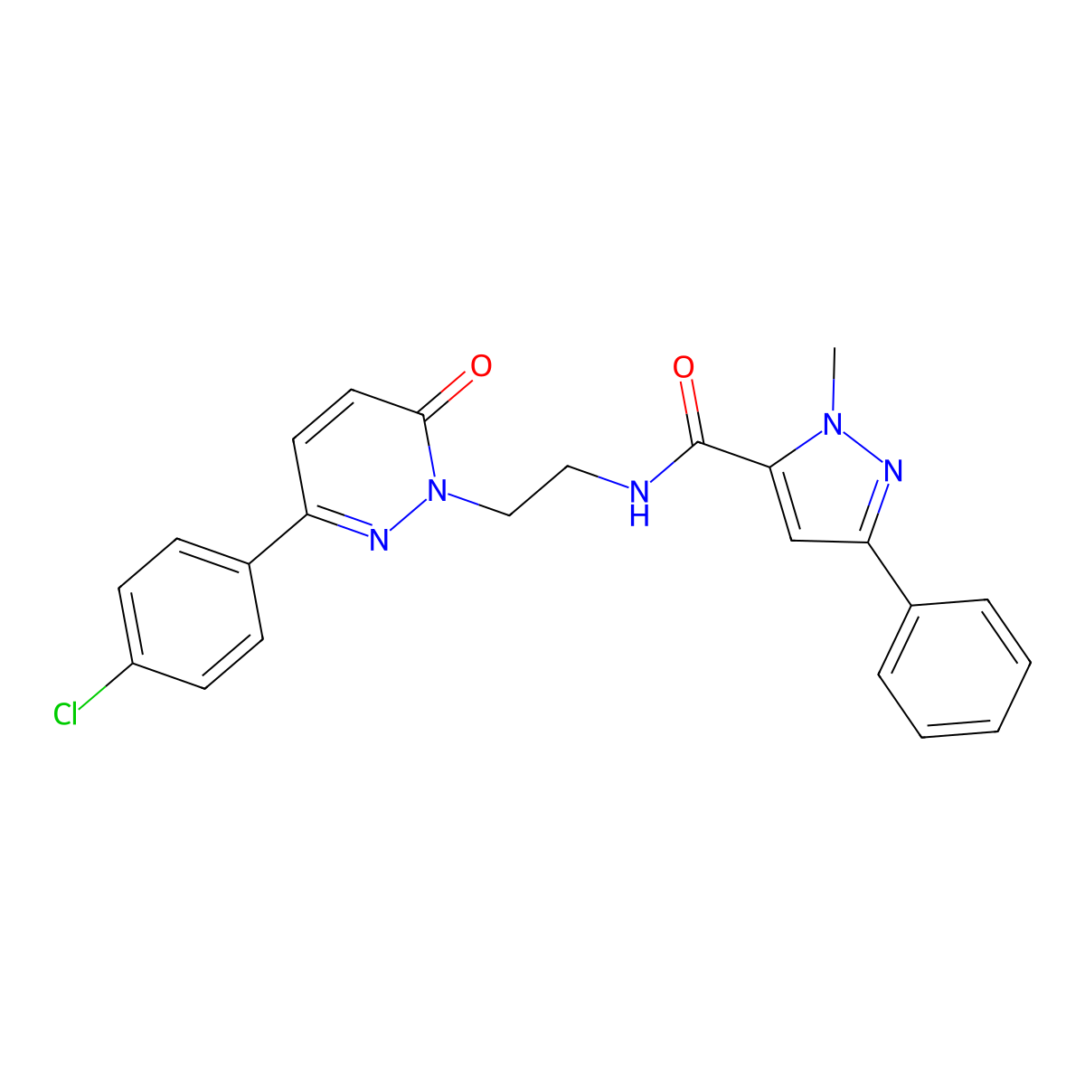 N-(2-(3-(4-chlorophenyl)-6-oxopyridazin-1(6H)-yl)ethyl)-1-methyl-3-phenyl-1H-pyrazole-5-carboxamide molecular structure, CAS 1206995-44-9