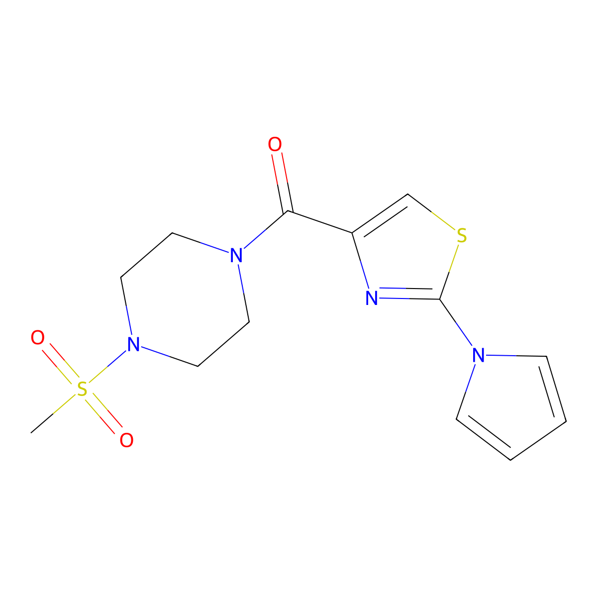 (2-(1H-pyrrol-1-yl)thiazol-4-yl)(4-(methylsulfonyl)piperazin-1-yl)methanone molecular structure, CAS 1206995-54-1
