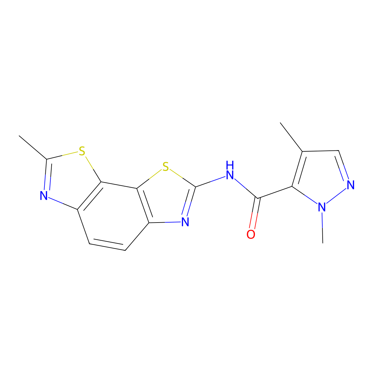 1,4-dimethyl-N-{11-methyl-3,12-dithia-5,10-diazatricyclo[7.3.0.0^{2,6}]dodeca-1(9),2(6),4,7,10-pentaen-4-yl}-1H-pyrazole-5-carboxamide molecular structure, CAS 1206995-67-6