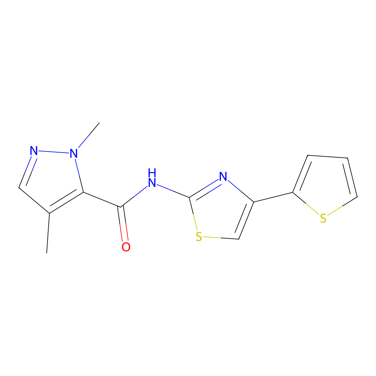1,4-dimethyl-N-(4-(thiophen-2-yl)thiazol-2-yl)-1H-pyrazole-5-carboxamide molecular structure, CAS 1206995-68-7