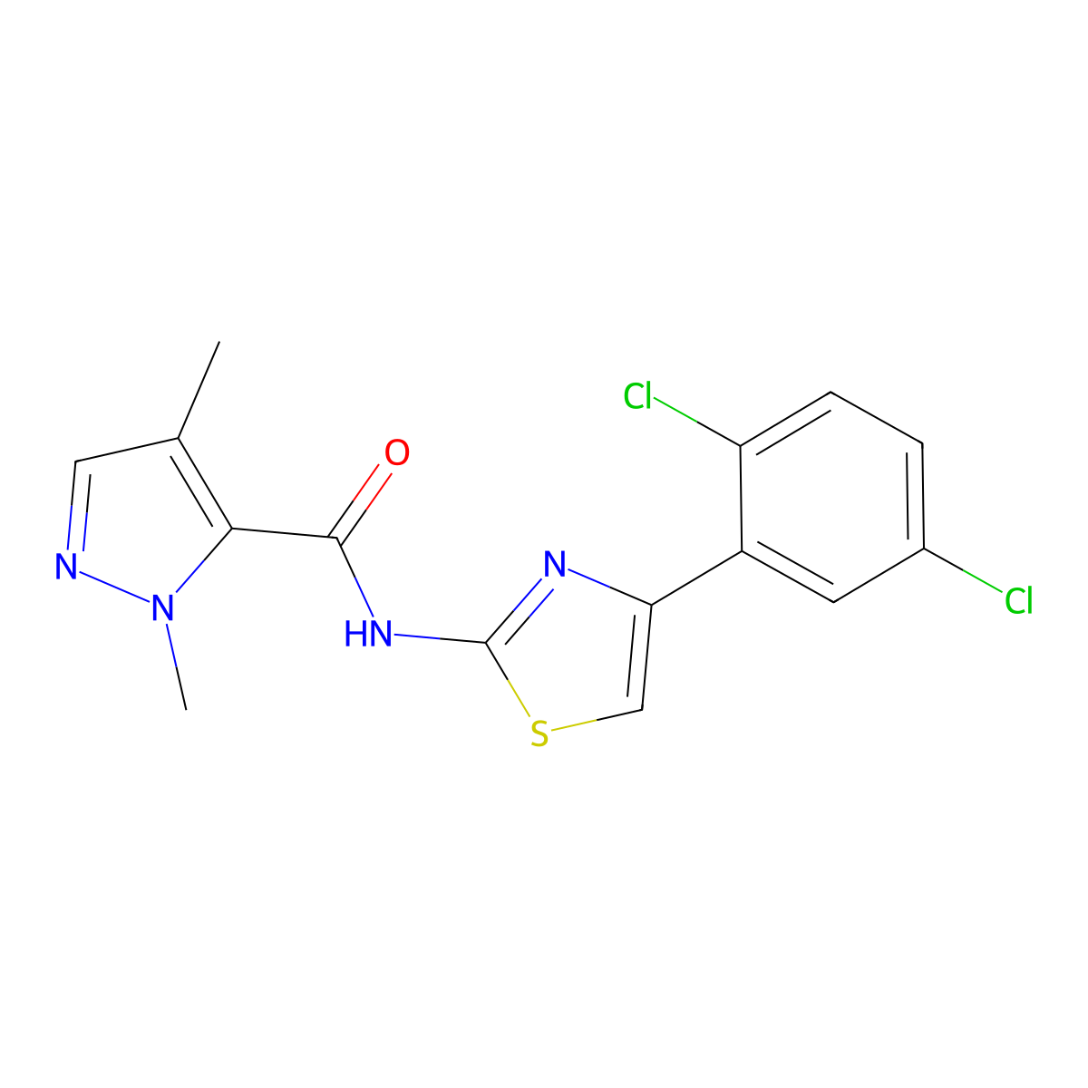 N-(4-(2,5-dichlorophenyl)thiazol-2-yl)-1,4-dimethyl-1H-pyrazole-5-carboxamide molecular structure, CAS 1206995-69-8