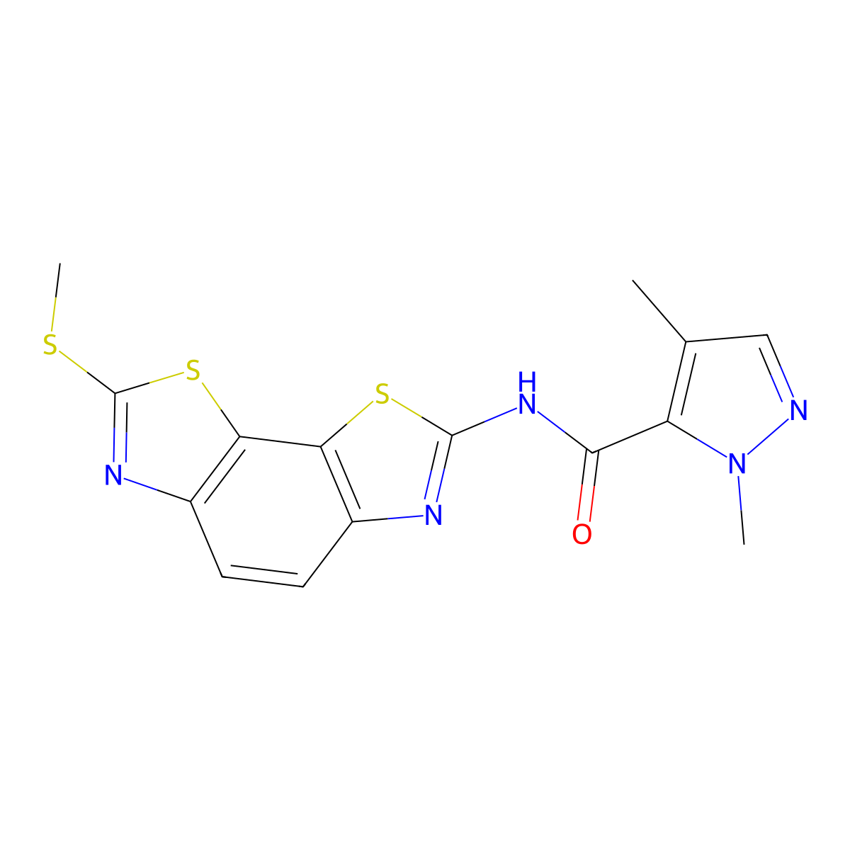 1,4-dimethyl-N-[11-(methylsulfanyl)-3,12-dithia-5,10-diazatricyclo[7.3.0.0^{2,6}]dodeca-1(9),2(6),4,7,10-pentaen-4-yl]-1H-pyrazole-5-carboxamide molecular structure, CAS 1206995-70-1