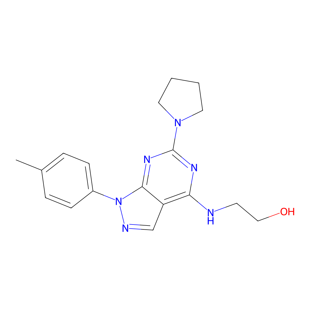 2-((6-(pyrrolidin-1-yl)-1-(p-tolyl)-1H-pyrazolo[3,4-d]pyrimidin-4-yl)amino)ethanol molecular structure, CAS 1206995-80-3