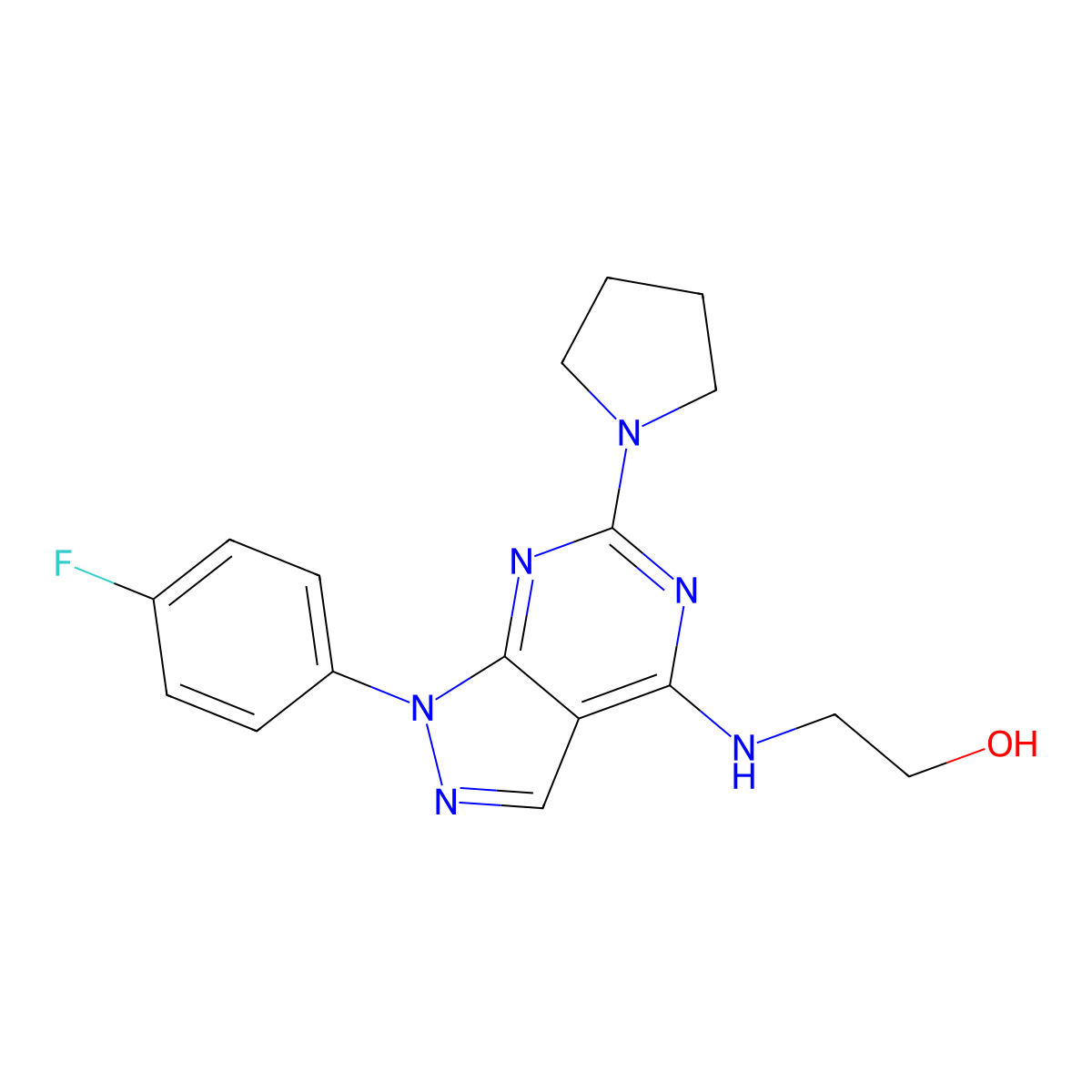2-((1-(4-fluorophenyl)-6-(pyrrolidin-1-yl)-1H-pyrazolo[3,4-d]pyrimidin-4-yl)amino)ethanol molecular structure, CAS 1206995-83-6
