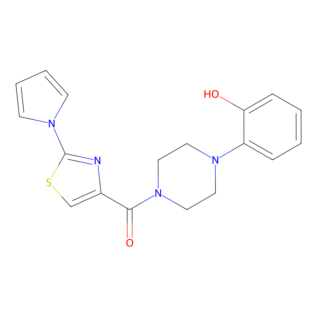 (2-(1H-pyrrol-1-yl)thiazol-4-yl)(4-(2-hydroxyphenyl)piperazin-1-yl)methanone molecular structure, CAS 1206995-87-0