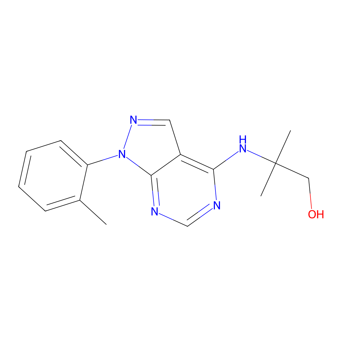 2-methyl-2-((1-(o-tolyl)-1H-pyrazolo[3,4-d]pyrimidin-4-yl)amino)propan-1-ol molecular structure, CAS 1206995-88-1
