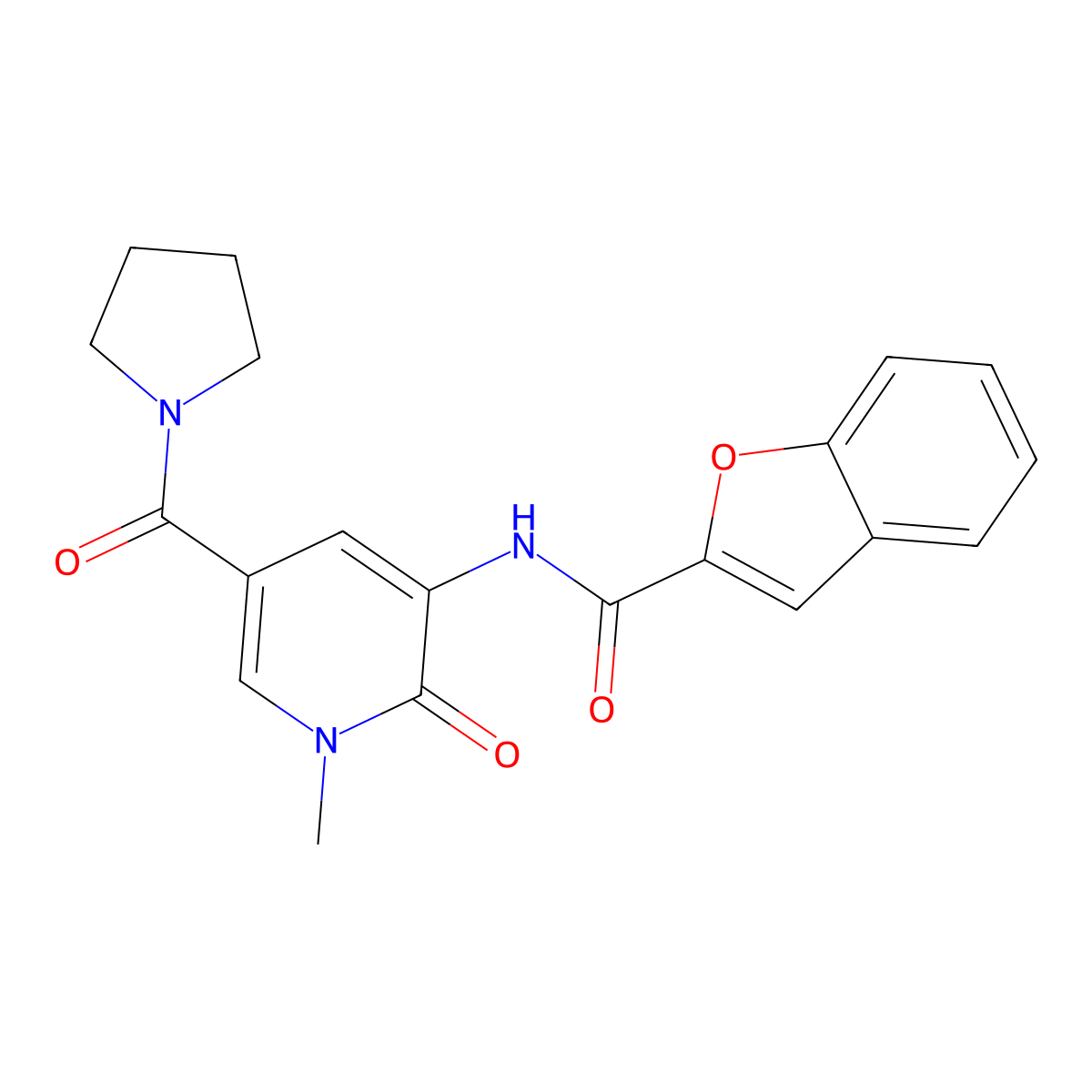 N-(1-methyl-2-oxo-5-(pyrrolidine-1-carbonyl)-1,2-dihydropyridin-3-yl)benzofuran-2-carboxamide molecular structure, CAS 1206995-89-2