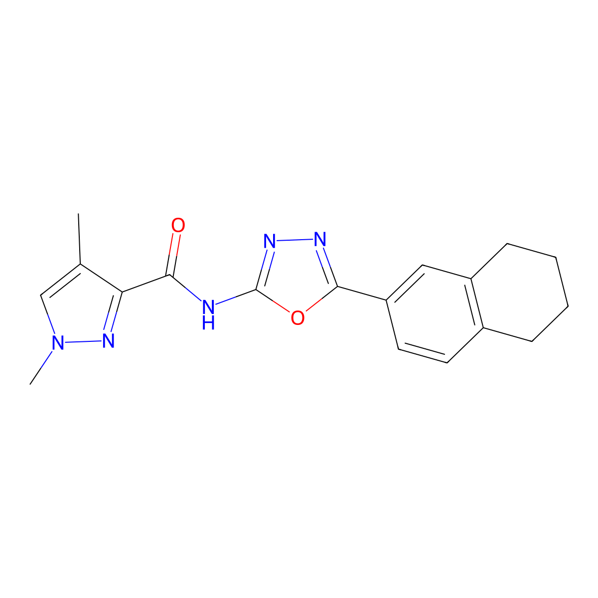 1,4-dimethyl-N-[5-(5,6,7,8-tetrahydronaphthalen-2-yl)-1,3,4-oxadiazol-2-yl]-1H-pyrazole-3-carboxamide molecular structure, CAS 1206995-90-5