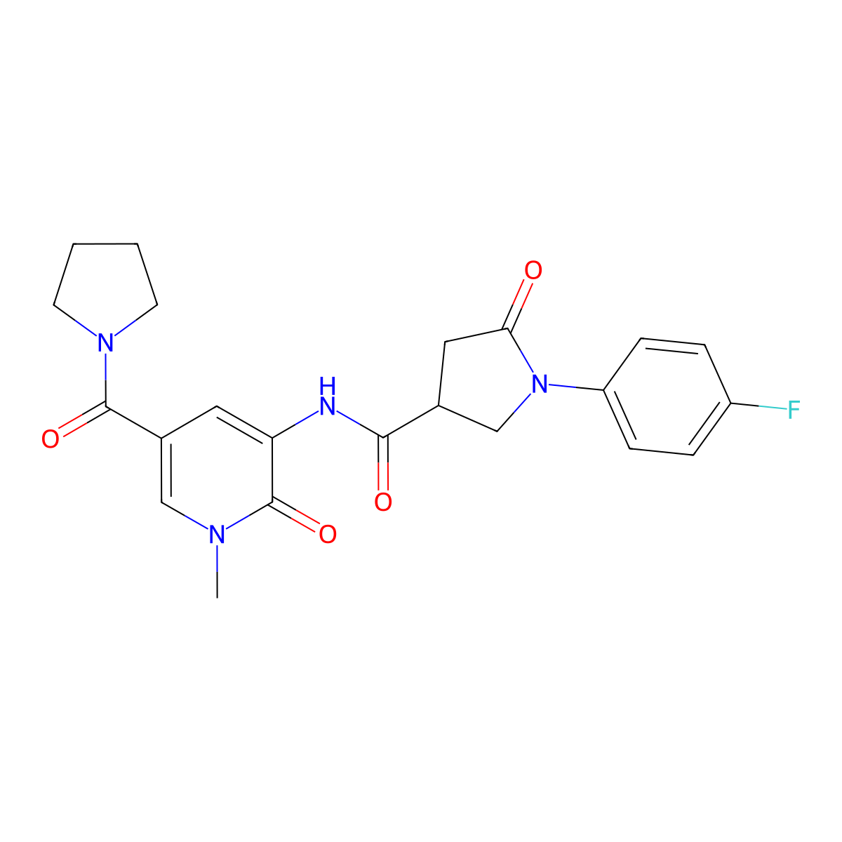 1-(4-fluorophenyl)-N-[1-methyl-2-oxo-5-(pyrrolidine-1-carbonyl)-1,2-dihydropyridin-3-yl]-5-oxopyrrolidine-3-carboxamide molecular structure, CAS 1206995-91-6