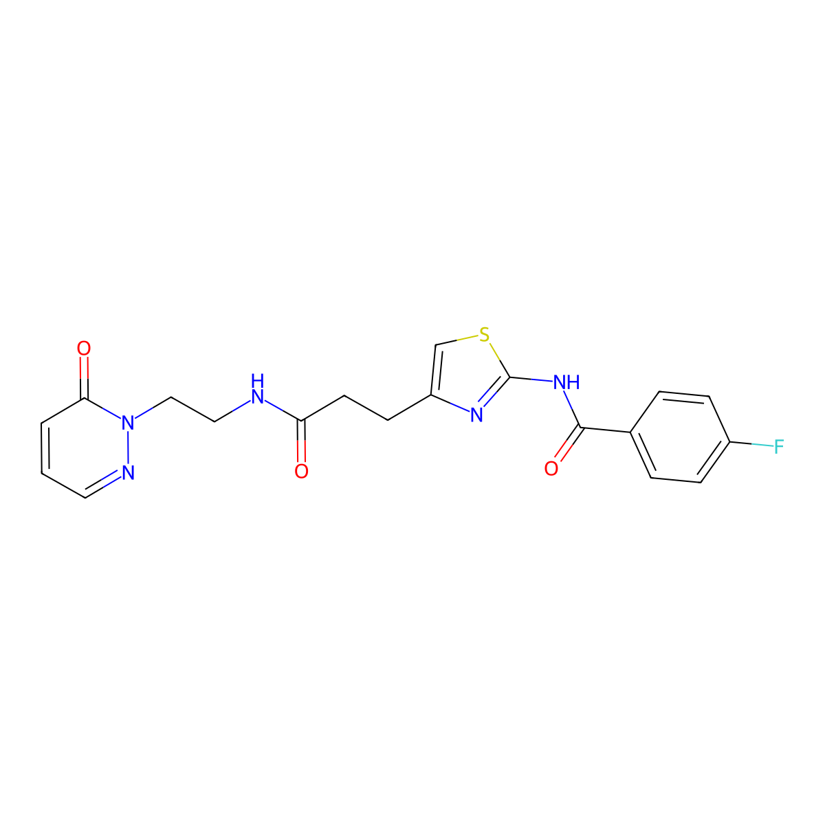 4-fluoro-N-(4-(3-oxo-3-((2-(6-oxopyridazin-1(6H)-yl)ethyl)amino)propyl)thiazol-2-yl)benzamide molecular structure, CAS 1206995-95-0