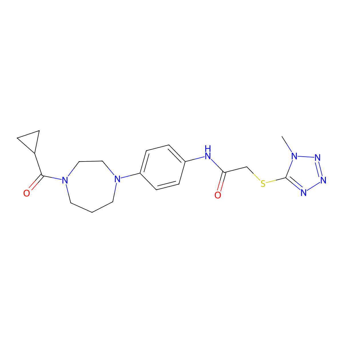 N-(4-(4-(cyclopropanecarbonyl)-1,4-diazepan-1-yl)phenyl)-2-((1-methyl-1H-tetrazol-5-yl)thio)acetamide molecular structure, CAS 1206995-99-4
