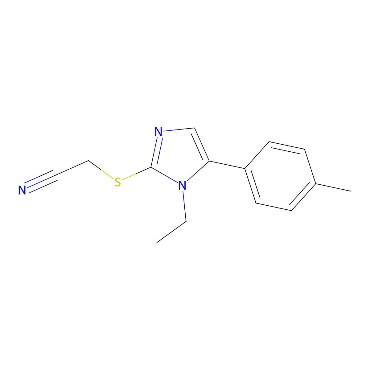 2-((1-ethyl-5-(p-tolyl)-1H-imidazol-2-yl)thio)acetonitrile molecular structure, CAS 1206996-13-5