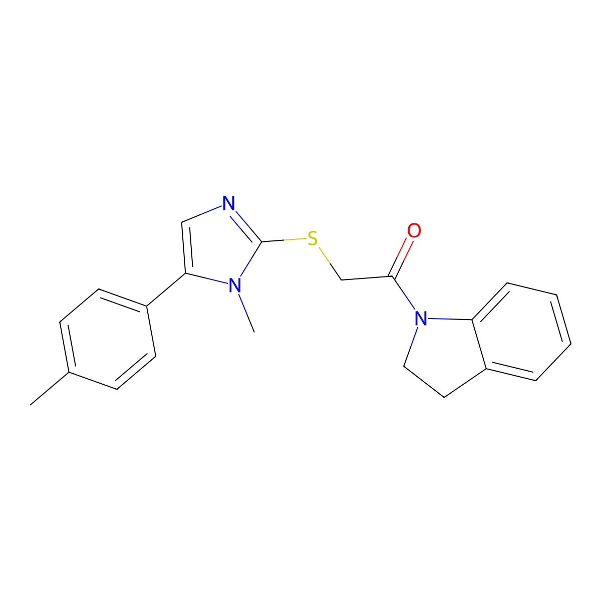 1-(indolin-1-yl)-2-((1-methyl-5-(p-tolyl)-1H-imidazol-2-yl)thio)ethanone molecular structure, CAS 1206996-52-2
