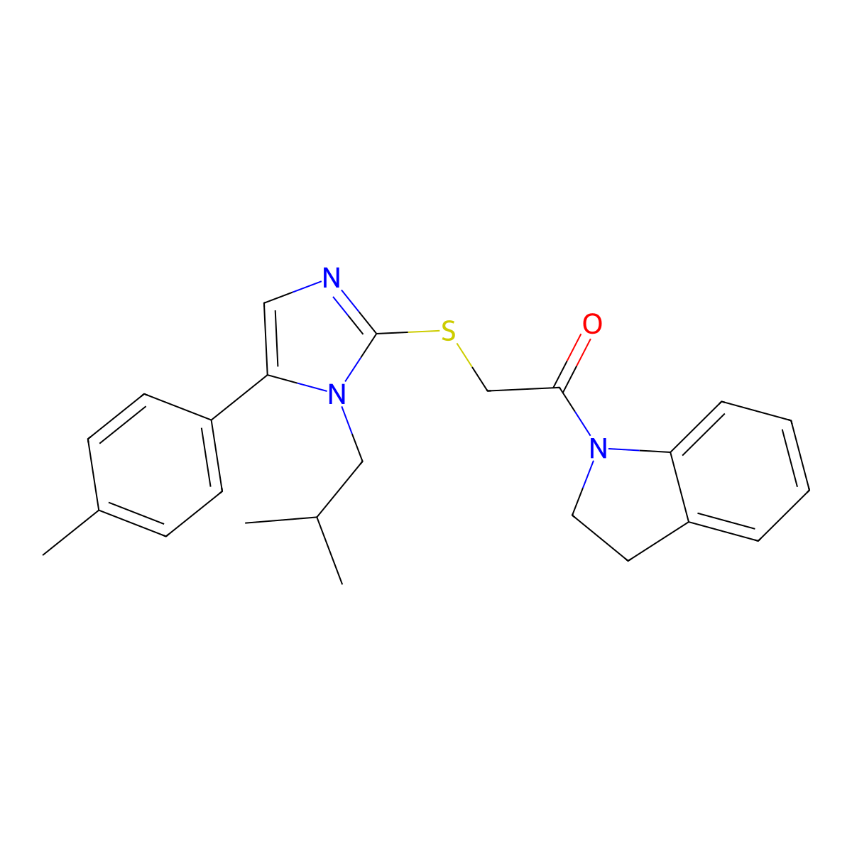 1-(indolin-1-yl)-2-((1-isobutyl-5-(p-tolyl)-1H-imidazol-2-yl)thio)ethanone molecular structure, CAS 1206996-92-0