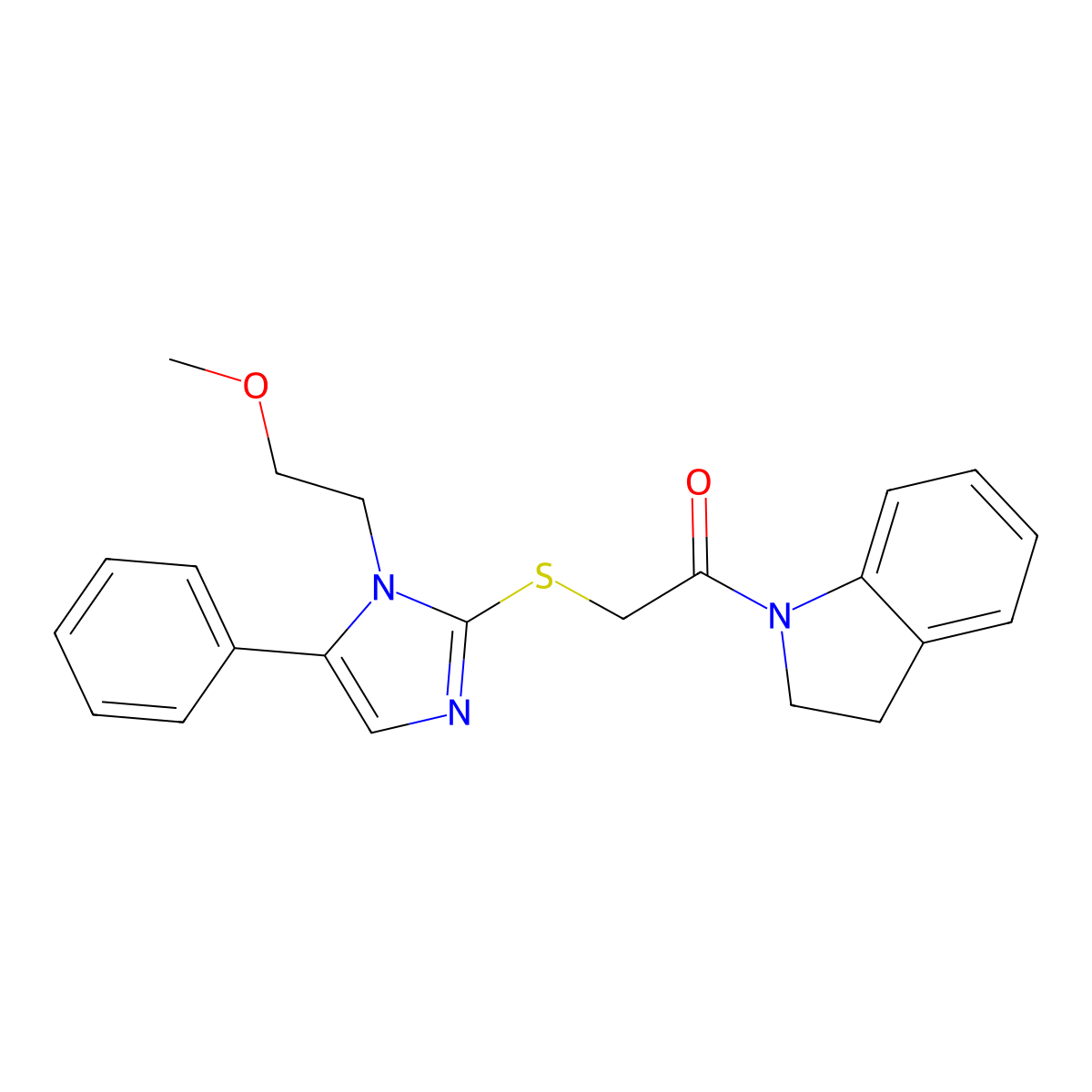 1-(indolin-1-yl)-2-((1-(2-methoxyethyl)-5-phenyl-1H-imidazol-2-yl)thio)ethanone molecular structure, CAS 1206996-95-3