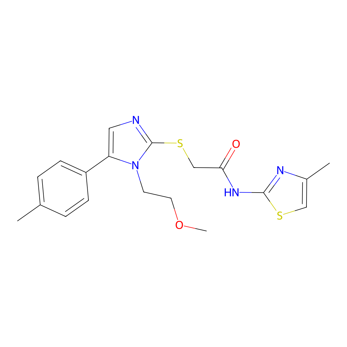 2-((1-(2-methoxyethyl)-5-(p-tolyl)-1H-imidazol-2-yl)thio)-N-(4-methylthiazol-2-yl)acetamide molecular structure, CAS 1206997-02-5