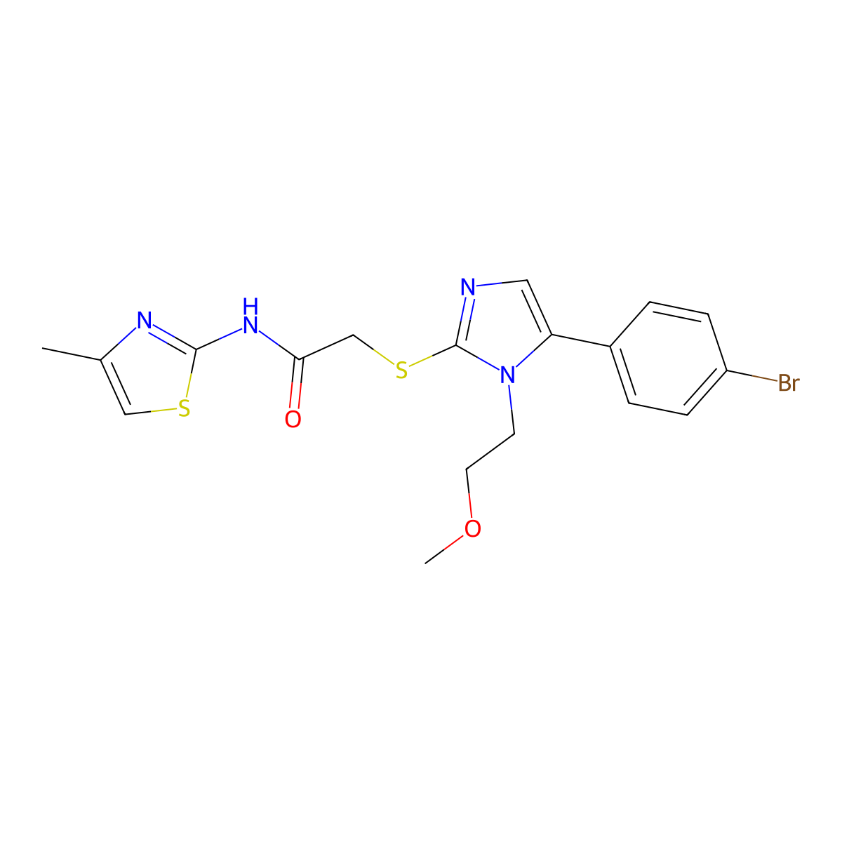 2-((5-(4-bromophenyl)-1-(2-methoxyethyl)-1H-imidazol-2-yl)thio)-N-(4-methylthiazol-2-yl)acetamide molecular structure, CAS 1206997-14-9