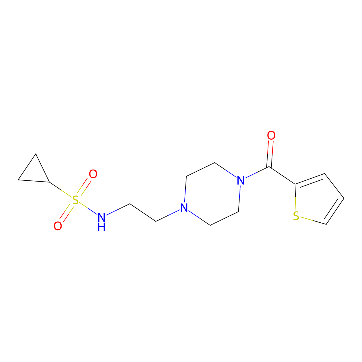 N-(2-(4-(thiophene-2-carbonyl)piperazin-1-yl)ethyl)cyclopropanesulfonamide molecular structure, CAS 1206997-18-3