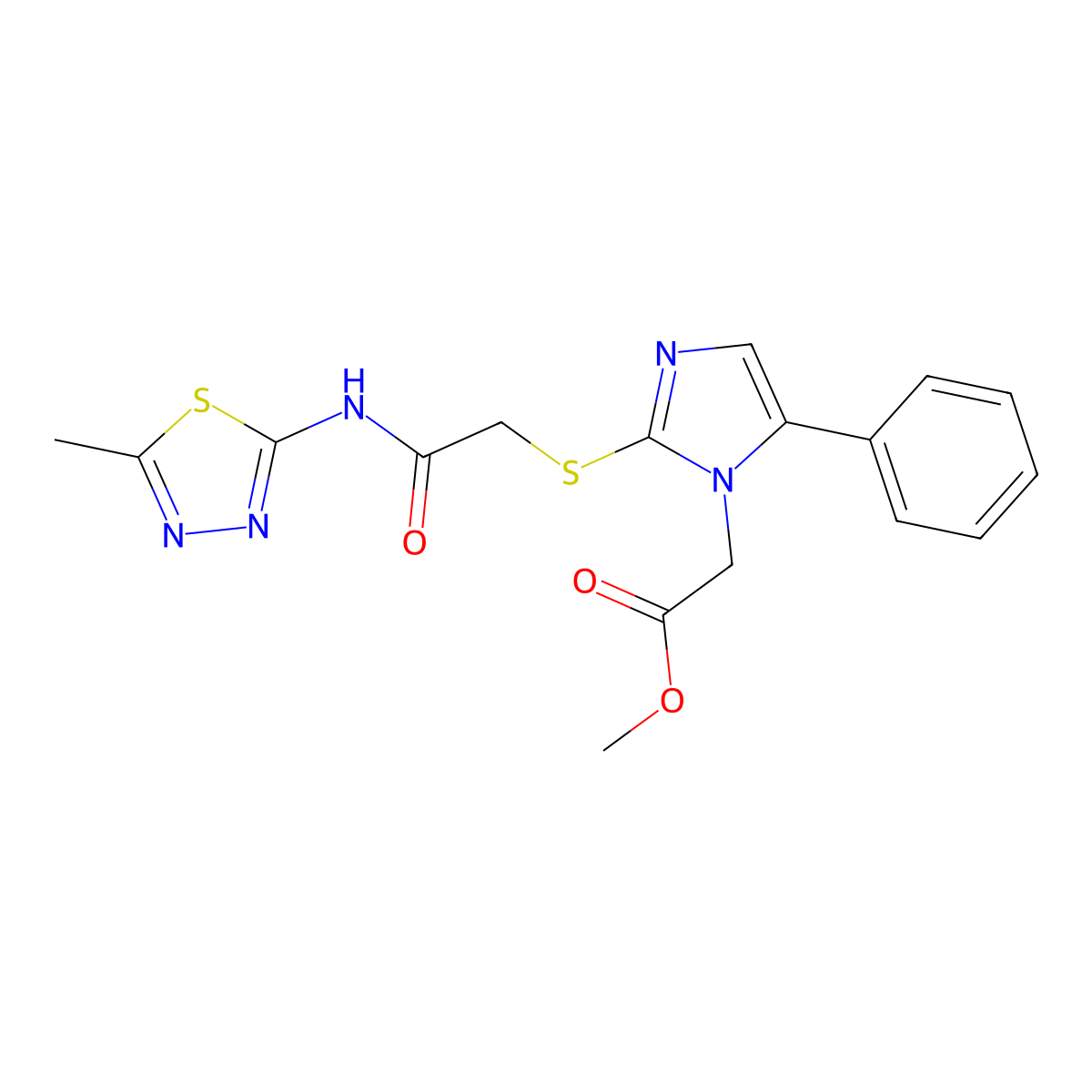 methyl 2-(2-((2-((5-methyl-1,3,4-thiadiazol-2-yl)amino)-2-oxoethyl)thio)-5-phenyl-1H-imidazol-1-yl)acetate molecular structure, CAS 1206997-20-7
