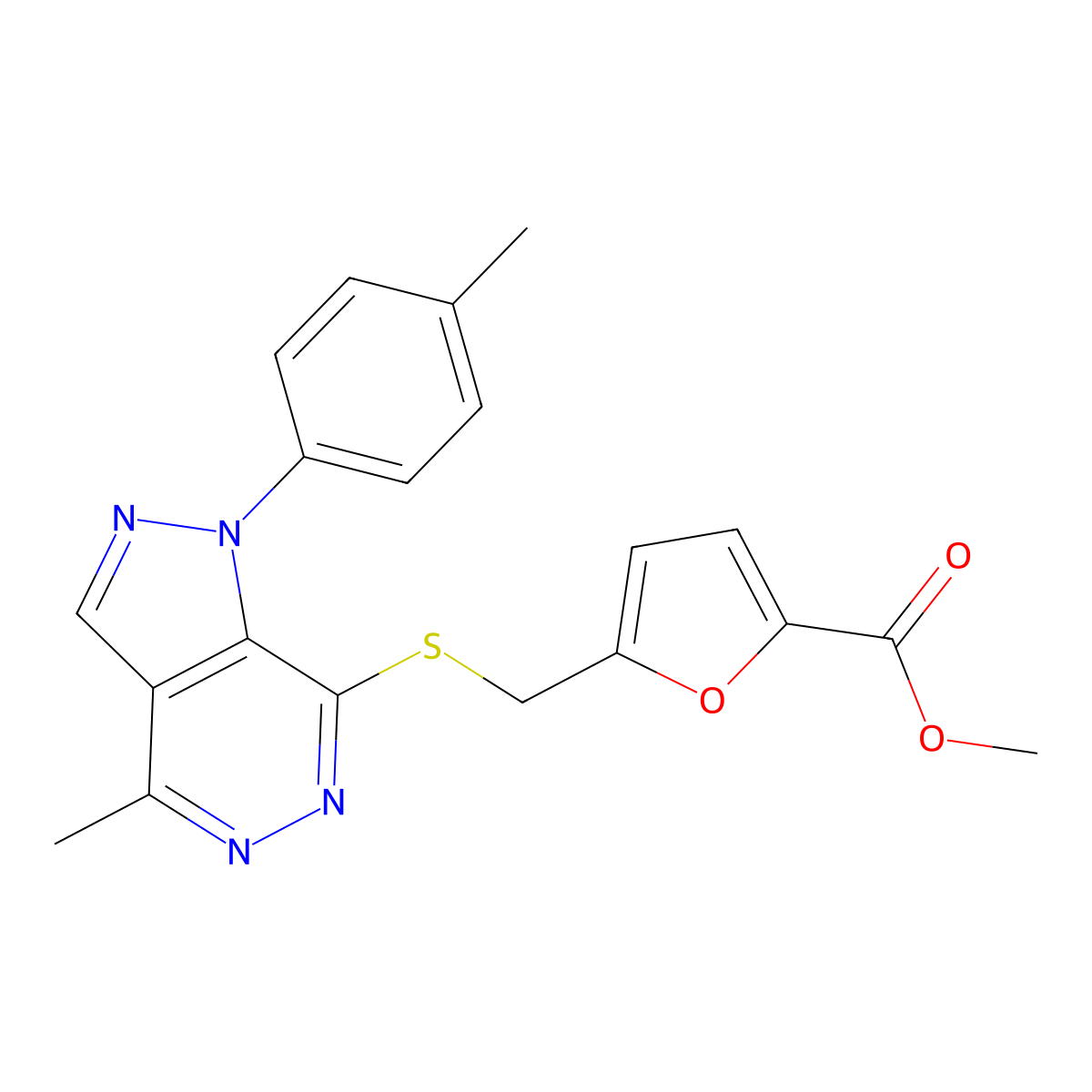 methyl 5-(((4-methyl-1-(p-tolyl)-1H-pyrazolo[3,4-d]pyridazin-7-yl)thio)methyl)furan-2-carboxylate molecular structure, CAS 1206997-23-0