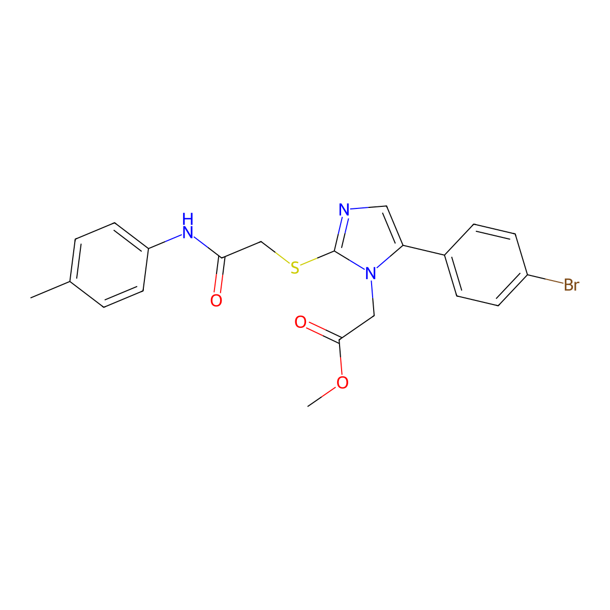 methyl 2-(5-(4-bromophenyl)-2-((2-oxo-2-(p-tolylamino)ethyl)thio)-1H-imidazol-1-yl)acetate molecular structure, CAS 1206997-28-5