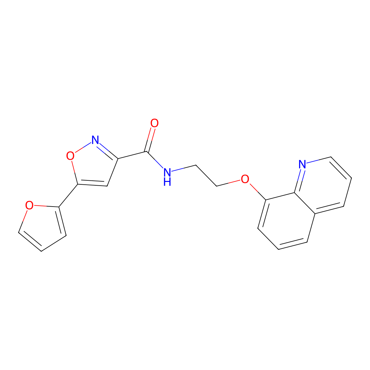 5-(furan-2-yl)-N-(2-(quinolin-8-yloxy)ethyl)isoxazole-3-carboxamide molecular structure, CAS 1206997-35-4