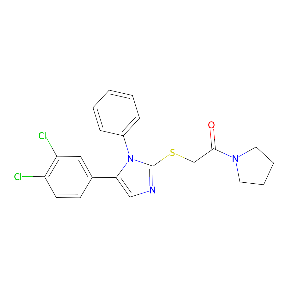 2-((5-(3,4-dichlorophenyl)-1-phenyl-1H-imidazol-2-yl)thio)-1-(pyrrolidin-1-yl)ethanone molecular structure, CAS 1206997-37-6
