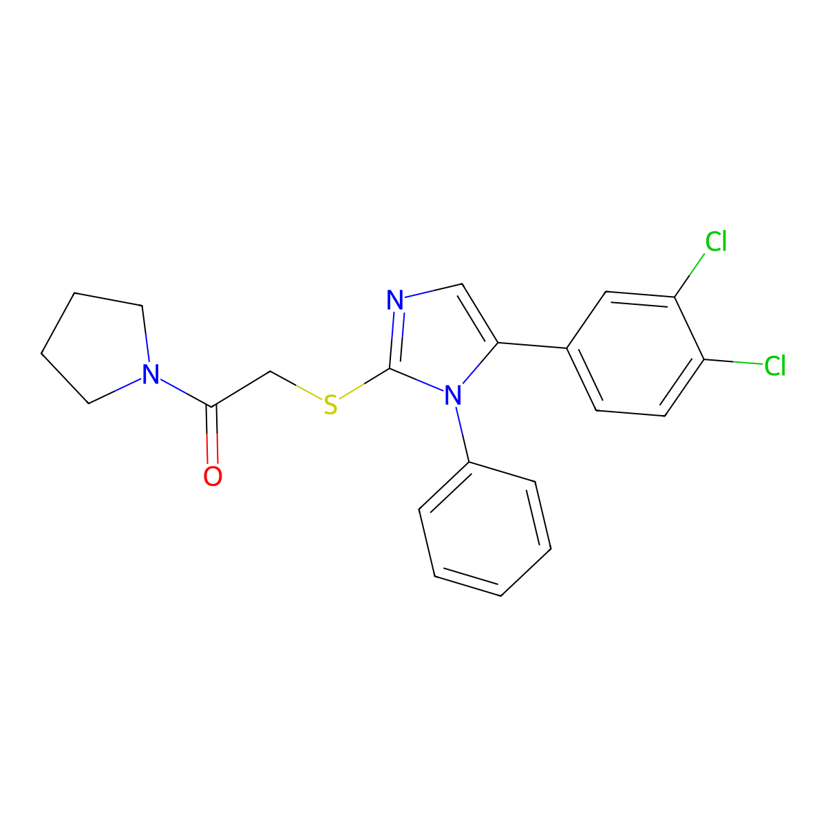 2-((5-(3,4-dichlorophenyl)-1-phenyl-1H-imidazol-2-yl)thio)-1-(pyrrolidin-1-yl)ethanone molecular structure, CAS 1206997-37-6