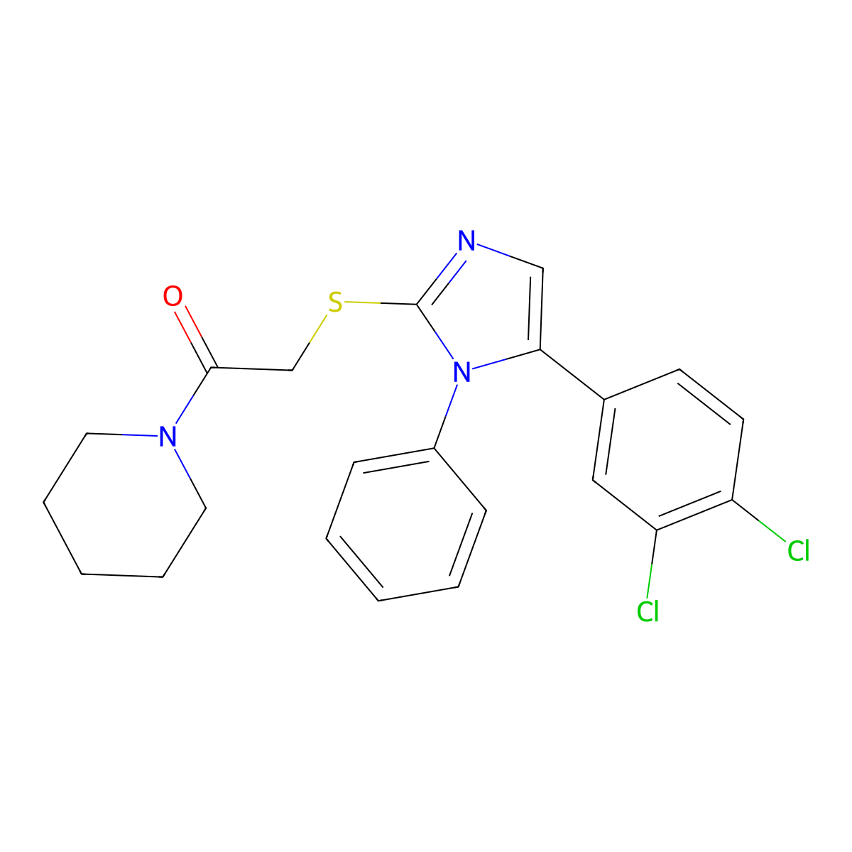 2-((5-(3,4-dichlorophenyl)-1-phenyl-1H-imidazol-2-yl)thio)-1-(piperidin-1-yl)ethanone molecular structure, CAS 1206997-39-8