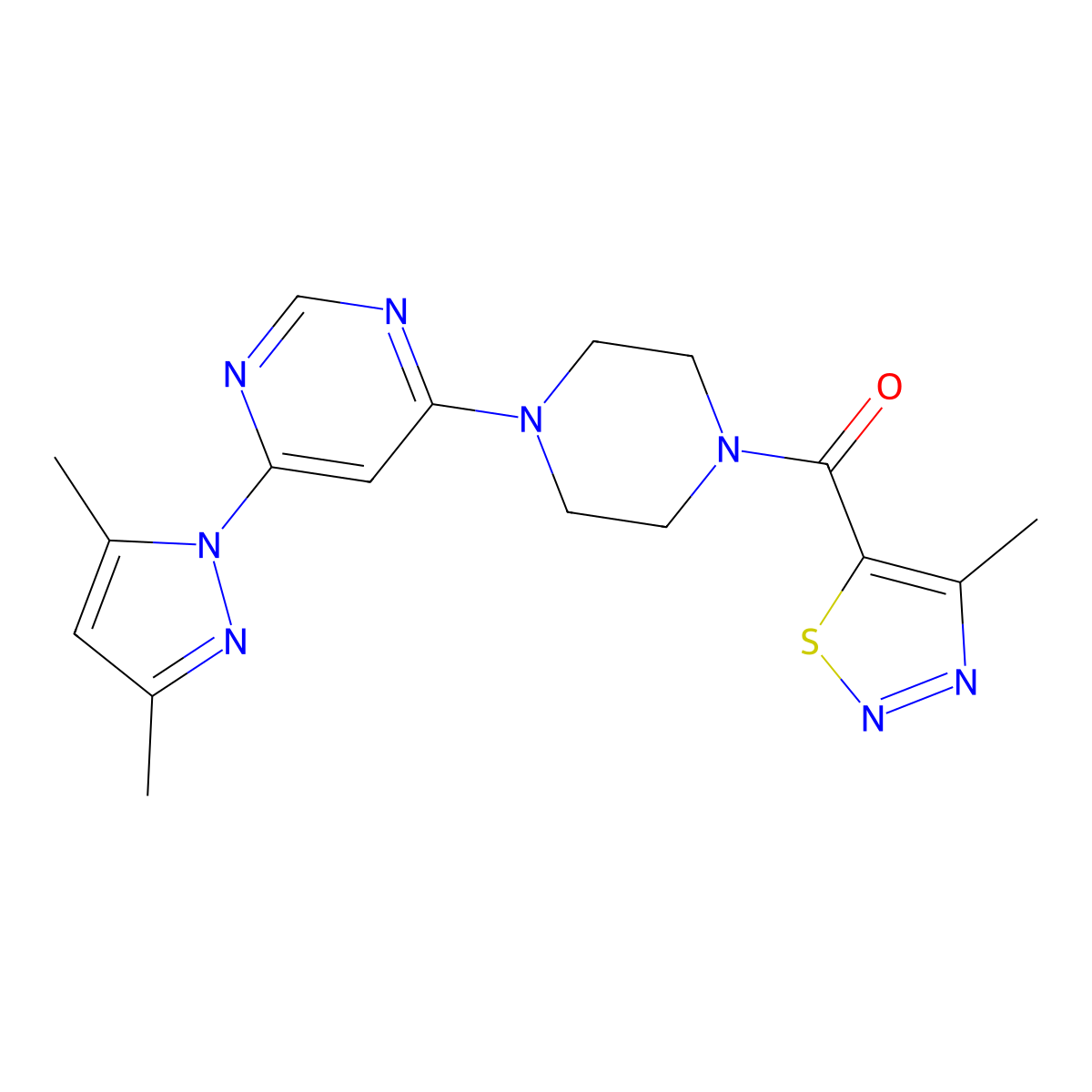 (4-(6-(3,5-dimethyl-1H-pyrazol-1-yl)pyrimidin-4-yl)piperazin-1-yl)(4-methyl-1,2,3-thiadiazol-5-yl)methanone molecular structure, CAS 1206997-47-8