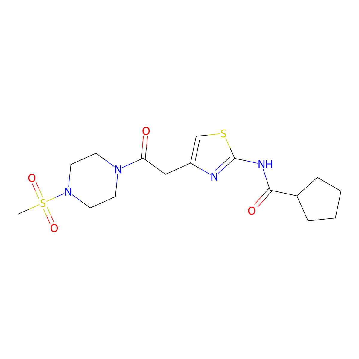 N-(4-(2-(4-(methylsulfonyl)piperazin-1-yl)-2-oxoethyl)thiazol-2-yl)cyclopentanecarboxamide molecular structure, CAS 1206997-49-0