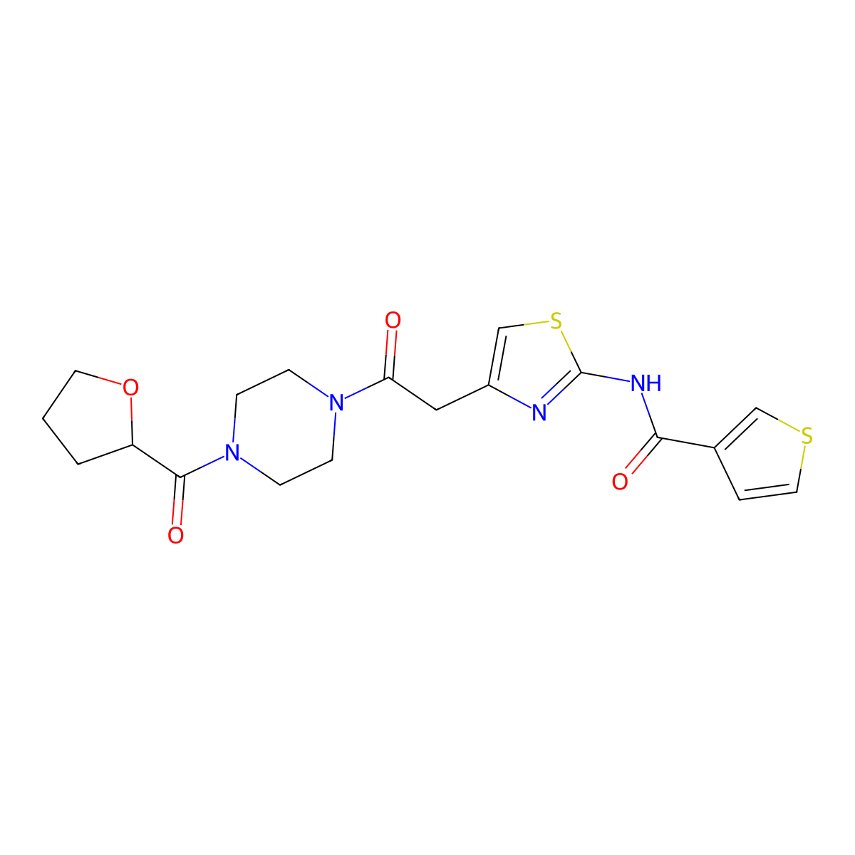 N-(4-(2-oxo-2-(4-(tetrahydrofuran-2-carbonyl)piperazin-1-yl)ethyl)thiazol-2-yl)thiophene-3-carboxamide molecular structure, CAS 1206997-50-3