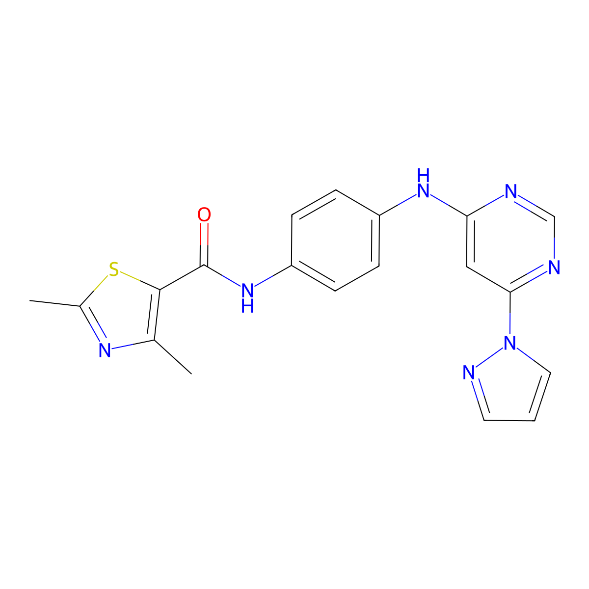 N-(4-((6-(1H-pyrazol-1-yl)pyrimidin-4-yl)amino)phenyl)-2,4-dimethylthiazole-5-carboxamide molecular structure, CAS 1206997-51-4