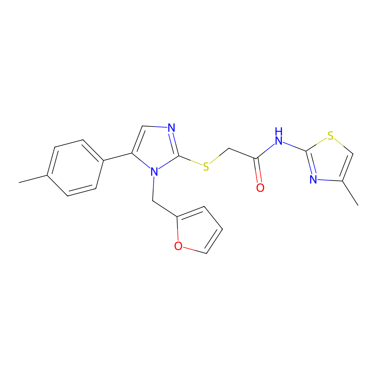 2-((1-(furan-2-ylmethyl)-5-(p-tolyl)-1H-imidazol-2-yl)thio)-N-(4-methylthiazol-2-yl)acetamide molecular structure, CAS 1206997-52-5