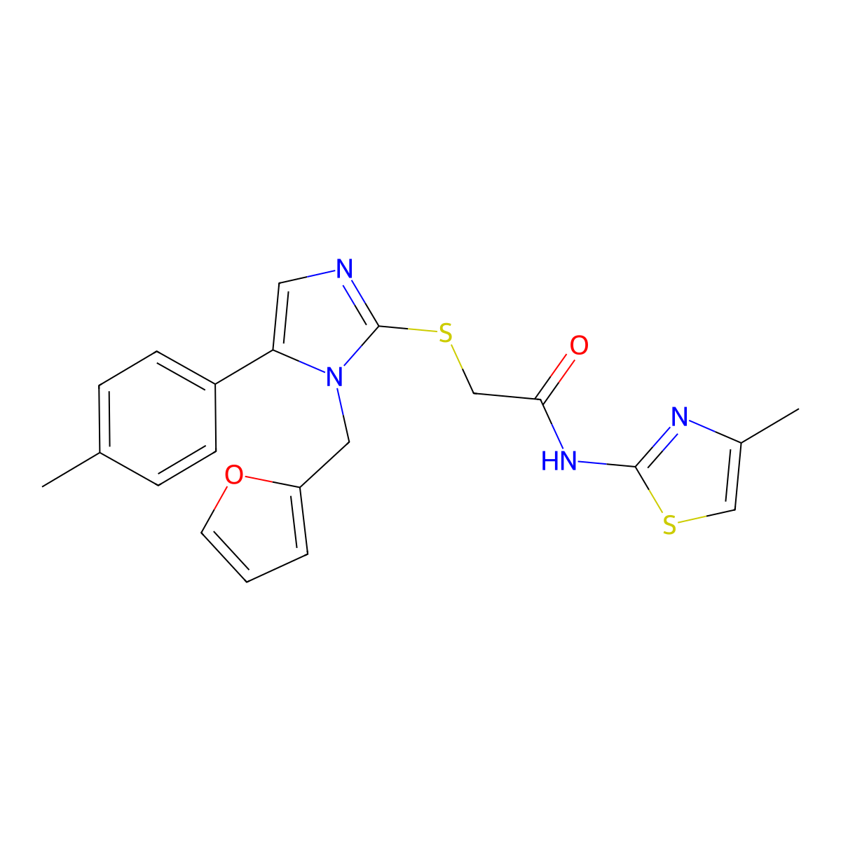 2-((1-(furan-2-ylmethyl)-5-(p-tolyl)-1H-imidazol-2-yl)thio)-N-(4-methylthiazol-2-yl)acetamide molecular structure, CAS 1206997-52-5