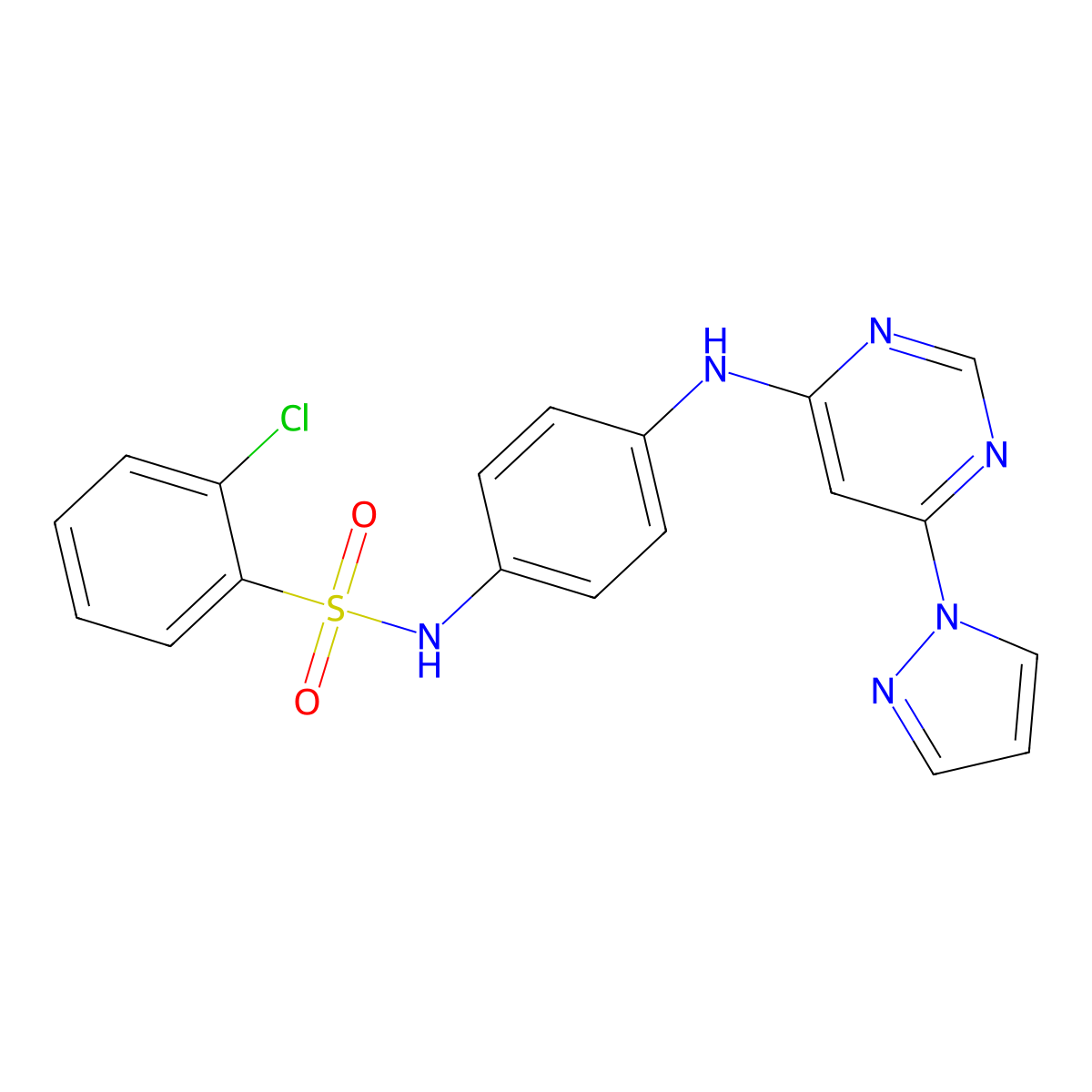 N-(4-((6-(1H-pyrazol-1-yl)pyrimidin-4-yl)amino)phenyl)-2-chlorobenzenesulfonamide molecular structure, CAS 1206997-55-8