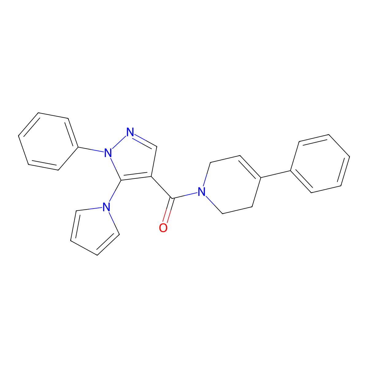 (4-phenyl-5,6-dihydropyridin-1(2H)-yl)(1-phenyl-5-(1H-pyrrol-1-yl)-1H-pyrazol-4-yl)methanone molecular structure, CAS 1206997-56-9